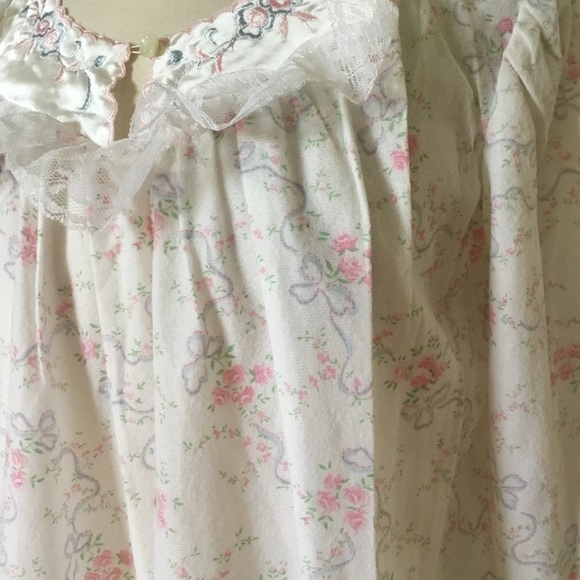 Vintage Stardust Long Sleeve Floral Cotton Nightgown Lace Satin Embroidered Trim - Picture 4 of 10